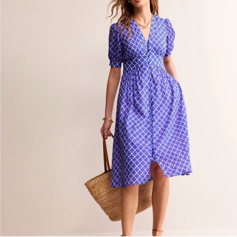 Boden Elsa Crinkle Midi Tea Dress in Sweet Lilac Trellis Geo Retro Flowy 4R
